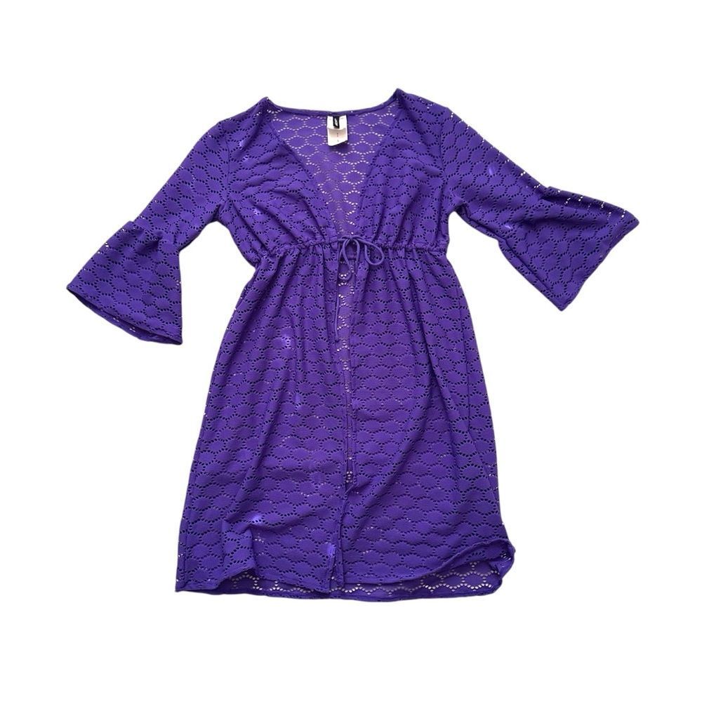 Jantzen bathing suit cover 3/4 sleeve bell cuffs purple open knit